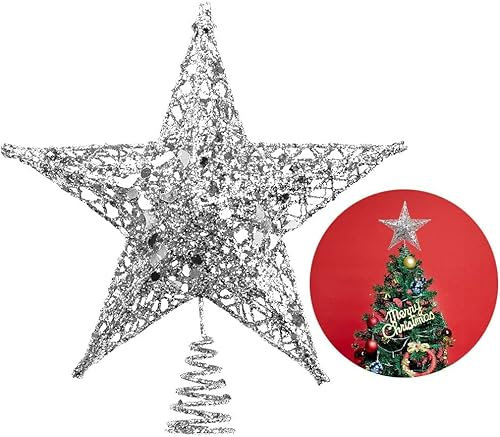 Weihnachtsbaum Stern Topper, Weihnachtsbaum Topper Glitter 5-Punkt Stern Baumkrone für Weihnachtsbaum Ornament Indoor Party Home Dekoration (Silver)