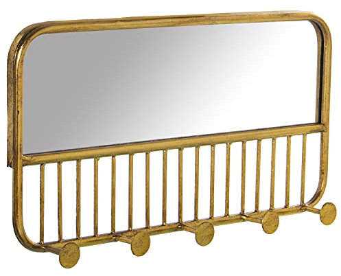 DRW Porte-manteau mural en métal avec miroir et 5 boutons dorés 30 x 6 x 60 cm