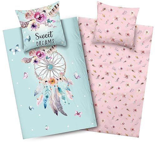 Aminata kids Bettwäsche 135x200 Traumfänger-Motiv Mädchen Baumwolle | Wende-Kinder-Bettwäsche-Set Dreamcatcher | Federn | YKK Reißverschluss türkis rosa