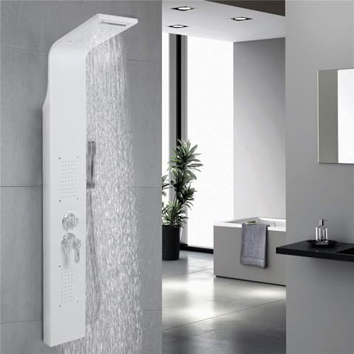 MUL-BOUTICA Columna de Ducha Hidromasaje Ajustable, Sistema Termostático Con Ducha y Cascada Para Cambiar La Temperatura y El Flujo De Agua, Blanco (S1)