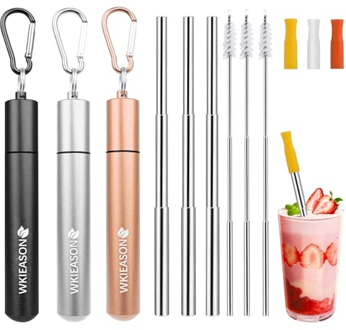 WKIEASON 3 Pack Portable Metal Drinking Straws Collapsible Stainless Steel Straws Telescopic Reusable Straw with Aluminum Key-Ring Case & Cleaning Brush and Silicone Tips for Travel Home Work
