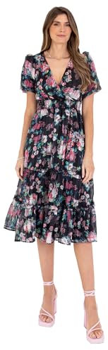 Lovedrobe Women's Ladies Midi Dress V-Neck Short Puff Sleeve Wrap Shirred Waist Floral Print Ruffle Fit and Flare Wedding Guest Black 16