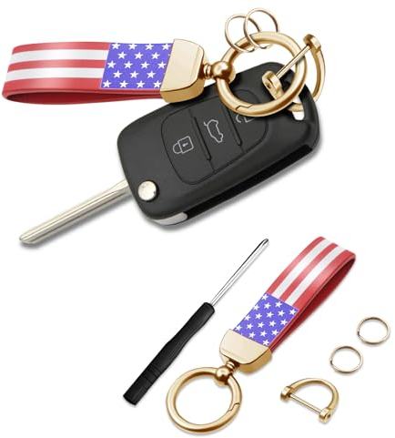 deemars Porte-clés Américain de Voiture de Drapeau des Etats-unis, Porte-clés en Cuir Microfibre Avec Anneau en Alliage de Zinc, Porte-clés Accessoires Automobiles (Rouge Le drapeau-Dorée)