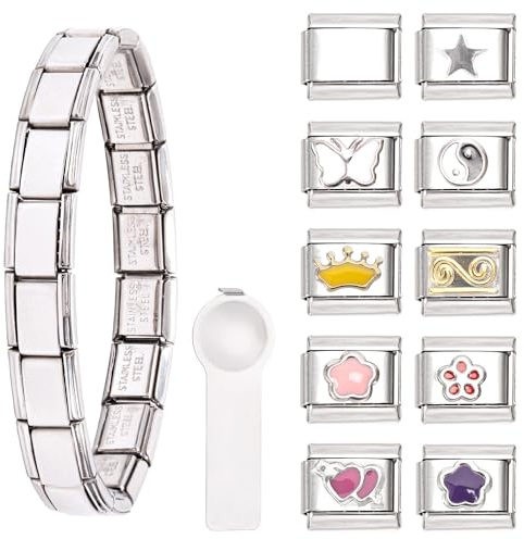 Italian Charm Bracelet Set 18+10 DIY Italian Charms, Abnehmbar Italian Style Charms für Damen, mit Öffnungswerkzeugen, Module für Italienische Armbänder, Edelstahl Italian Charm Bracelet Charms
