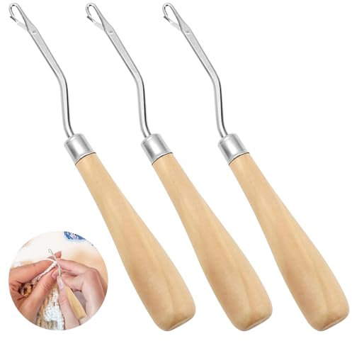 3 PCS 6.5 Inch Latch Hook Tool Set | Wooden Crochet Needle Kit for Hair Crochet, Rug Making, and Art Crafts | Ergonomic Grip with Silicone Cap