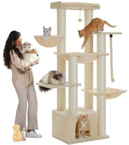 PAWZ Road Kratzbaum Grosse Katzen stabil mit Mehreren Ebenen, Hängematte, 13 Sisalpfosten(φ11cm), Großer Sitzstange, Höhle, Körben, Kratzbaum XXL 170 cm, Beige
