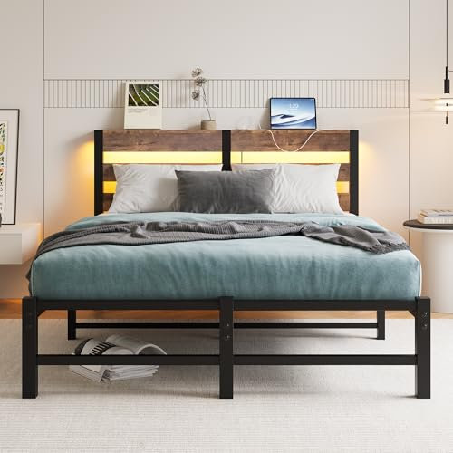 VERFARM 4ft6 Double Bed Frame with Charging Station and LED Lights, Heavy Duty Metal Platform Double 135x190 cm Bed Frame with Wood Storage Headboard, No Box Spring Needed, Noise Free, Brown