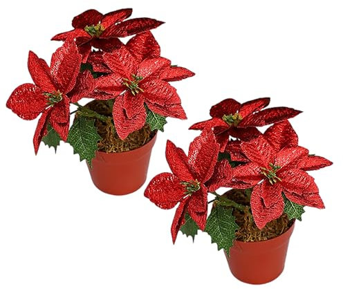 Yitekrg Paquet de 2 Poinsettias en Pot Fleurs de Noël Artificielles Plantes de Poinsettia de Noël à Paillettes en Pot Faux Arrangements de Fleurs de bonsaï de Poinsettia Décor de Noël