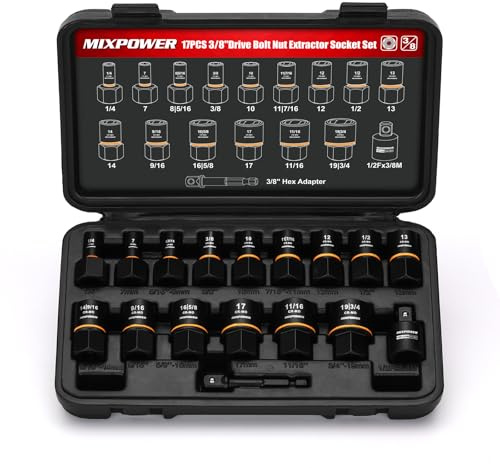 MIXPOWER CR-MO Steckschlüssel-Set, 0,95 cm (3/8 Zoll), Schraubenentferner, Mutternausdreher für beschädigte, gefrorene, rostete, abgerundete Schrauben, 17-teilig
