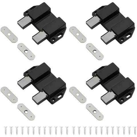 ExcellaElite Push Open Door Catches 4 Pcs Magnetic Push to Open Latch Small Push Latch Durable and Practical Comes with 24 Screws for Cabinet Doors to Close and Pop Open (Black)