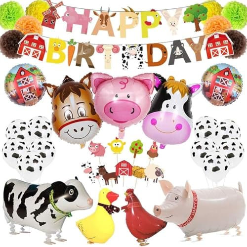 Deluisho Farm Animal Balloons, Farm Animals Birthday Decoration, Farm Themed Balloons, Farm Animals Party Supplies Farm Animal Birthday Banner Walking Cow Balloon Party