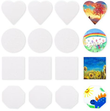Lot de 12 mini toiles à peindre magnétiques en coton, idéales pour les peintures acryliques et à l'huile, en cercle, en cœur, carré et hexagonal