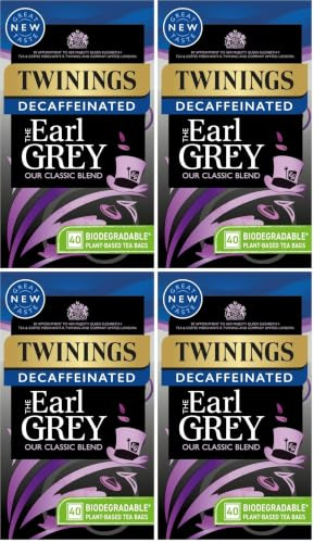 Twinings Earl Grey Bergamot & Lemon Flavoured Decaffeinated Black Tea Blend, 40 Biodegradable Tea Bags (Pack of 4)