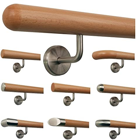 TIBU Buche Geländer Handlauf Treppe Holz Griff gew. Edelstahlhalter, Länge 30 - 500 cm aus einem Stück / Variante:400 cm mit 5 Halter Halbkugel gefräst