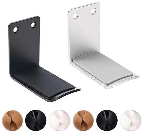 SourceTon 2 Packungen Aluminium-Kopfhörerständer und 6 Kabel-Clips, 2 Headset-Halterungen (schwarz und silber) und 6 Kabel-Organizer mit starkem Klebeband und Schrauben für Kopfhörer