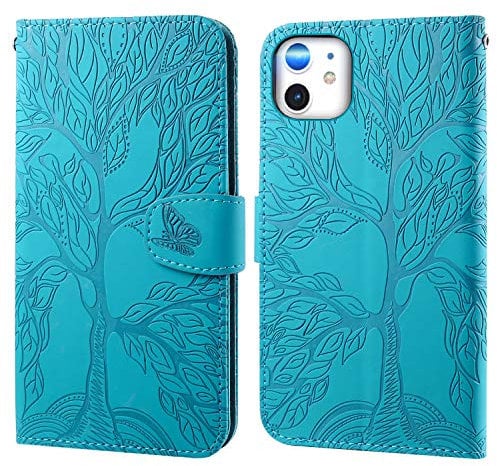 Aisenth for iPhone 12 Mini Flip Case, The Tree of Life Embossed PU Leather Wallet Phone Folio Case Magnetic shockproof Protective Cover with Stand function, Card Slots + 1 pcs Wrist Strap (Blue)