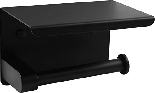 Cornat WC-Papierhalter-Mit Ablage 143 x 100 mm-2 Verschiedene Befestigungsoptionen mit Klebepad & Bohren Stahl/Klopapierhalter/Toilettenpapierhalterung / T364205, Schwarz (matt), 143 x 100 x 95 mm