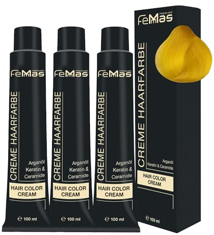 FemMas Haarfarbe Pure & Mix 3x Gelb I Creme Haarfarbe mit Arganöl, Keratin & Ceramiden I Als dauerhafte Haarfärbung oder Tönung für strahlende, haltbare Farbergebnisse I 100 ml