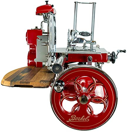 Palatina Werkstatt ® Berkel Volano Tribute | Trancheuse manuelle avec roue oscillante à fleurs | Rouge | + planche à découper en bois de fût fabriquée à la main | disponible immédiatement