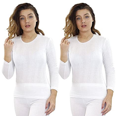 Gaffer Womens Thermal 2 Pack Top Long Sleeve T Shirt Warm Underwear Ladies Baselayer Thermals Winter Ski Wear White 18-20