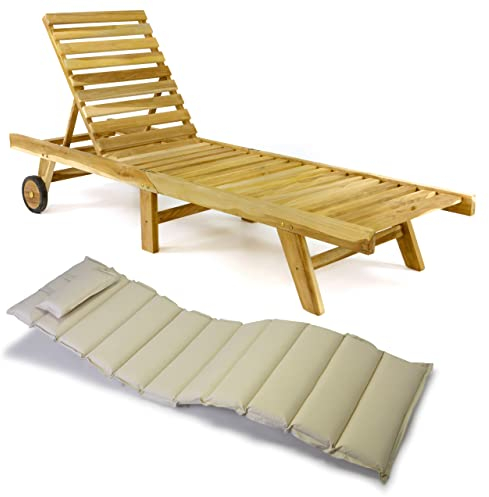 Divero Sonnenliege mit Auflage Set Relax-Liege Holzliege Gartenliege Teakholz Natur inkl. Räder, verstellbares Kopfteil, Auflage Creme