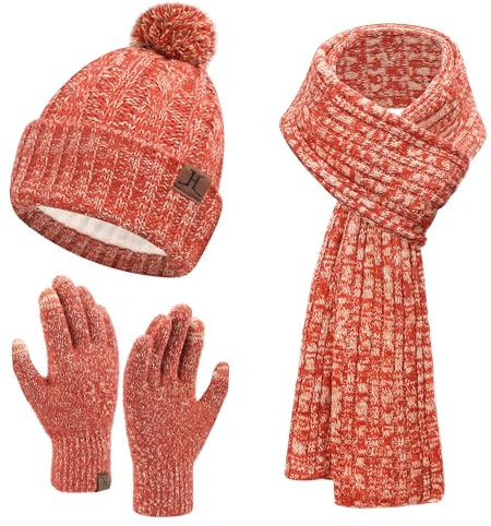 Bequemer Laden Damen Winter Warm Beanie Mütze Touchscreen Handschuhe Lang Schal Set mit Fleece Gefüttert, Thermo Wintermütze Strickmütze mit Bommel Schals Winterhandschuhe Frauen Geschenk, Orange