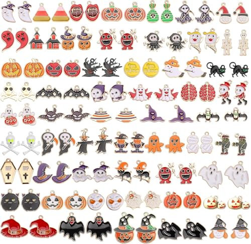 SANNIX 110 Stück 55 Paar Halloween-Charms Gold-Emaille-Schmuckanhänger für Halloween-Ohrringe, Armbänder, Halsketten, Bastelarbeiten