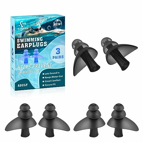 Schwimmen Ohrstöpsel, Eargrace 3 Paar Wasserdichte Wiederverwendbare Silikon Ohrstöpsel zum Schwimmen Duschen Baden Surfen und Andere Wassersportarten(Schwarz)