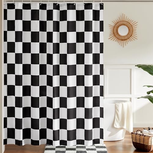 Ohocut Rideau de douche à carreaux noir et blanc pour salle de bain, joli rideau de douche rétro à damier, esthétique, lavable en machine, 183 x 183 cm