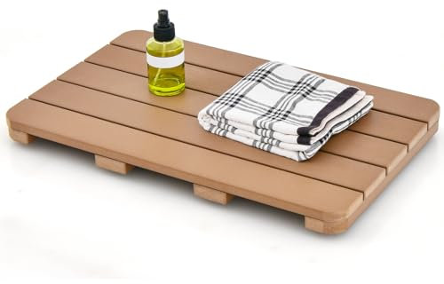GOPLUS Caillebotis de Douche Antidérapant, Tapis de Bain Douche en HIPS pour Intérieur et Extérieur, Tapis de Sol avec Design à Lattes pour Baignoire, Piscine (55x34x4,5cm, Naturel)