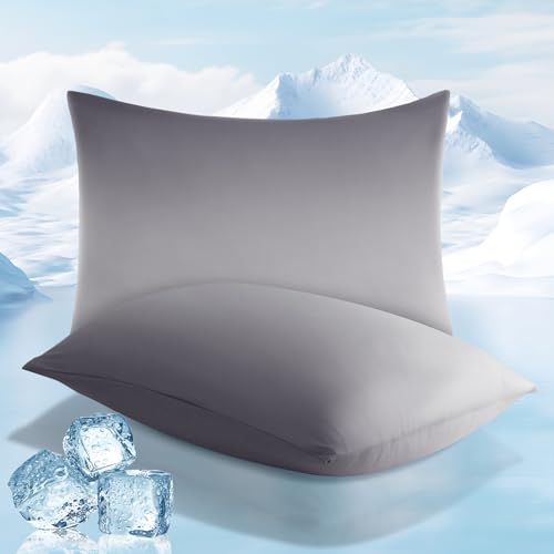 Elegear Kühlender Kissenbezug 40 x 80cm, 2er Kopfkissenbezug mit Japanische Arc-Chill Kühlfaser Q-Max>0,5 Atmungsaktive Superweiche Kissenhülle, Reißverschluss Kissenbezüge Farbverlauf Grau