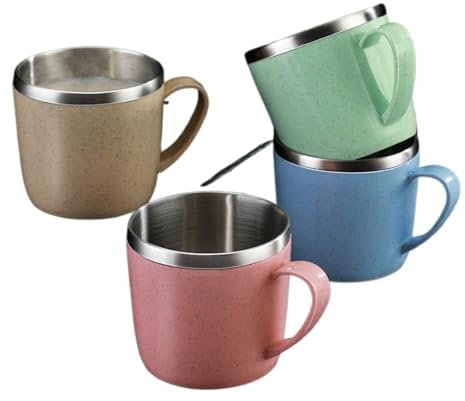 Europesiyu 4 vasos de boca de acero inoxidable, elemento de paja de trigo, taza de agua pequeña para el hogar, antiquemaduras y anticaídas