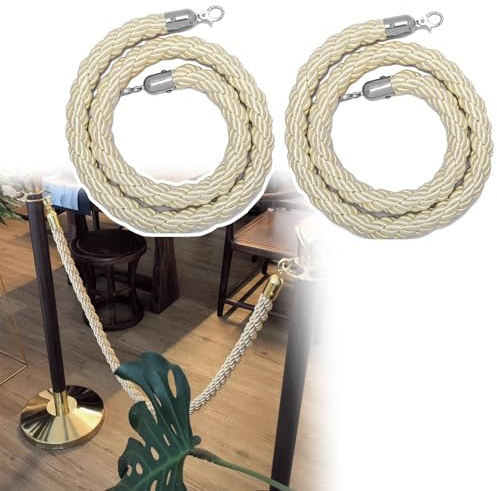 Absperrkordel Beige Geflochtene Hanfseile mit Metallhaken, 2er-Set Absperrseile aus Samt, Cremefarbenes VIP-Seil für Warteschlangen Auf Partys und Hochzeiten, Roter Teppich(Silver Hook,1.5m/5ft)