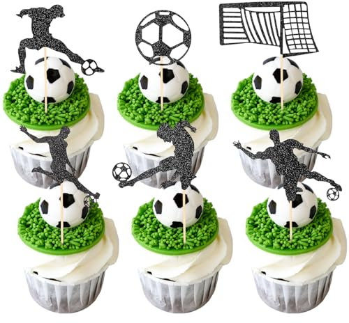 24Pcs Football Cupcake Toppers, Black Glitter Football Cake Topper for Boys Men, Football Themed Sports Cake Toppers for Birthday Party Gift Supplies