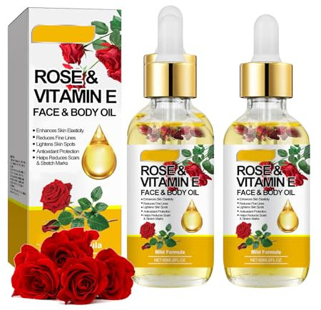 2 Pieces Rose Oil for Face,60ml Vitamin E Oil for Face,Vitamin E Oil for Skin,Rose Oil for Skin,Rose Vitamin E Hydrating Oil for Skin Anti-Aging Hydration Nurtures,Enhances Skin Elasticity