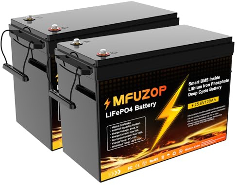 MFUZOP 24V 100Ah LiFePO4 Batterie, 100A BMS, MAX 2560W Leistung, 8000-15000 Zyklen Deep Cycle Lithium Batterie, Unterstützt Serien/Parallelschaltung, für Wohnmobil, Solar Home System(24V100AH*2Pcs)