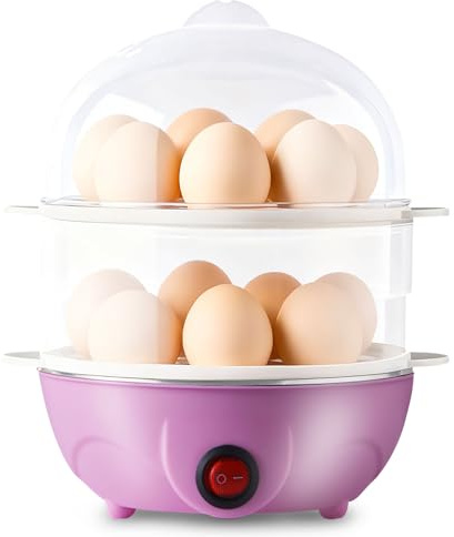Eierkocher Für Bis Zu 14 Eier, Egg Boiler, Doppelschicht Eierkocher, Multifunktional Elektrischer Egg Cooker inkl. Messbecher Und Dampfgarer, Überhitzungsschutz, Automatisch Abschaltung (Lila)