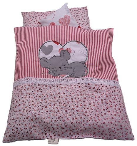 Puppenbettwäsche rot weiß, Herzchen-Design, 4 Variaten, für Puppenwagen,-bett oder Puppenbuggy (Maus Herz)