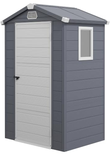 Outsunny Gerätehaus 1,1m² mit Satteldach 133 x 102 x 208 cm Dunkelgrau | Kunststoff Gartenchuppen, Geräteschuppen mit Abschließbare Tür, Belüftungsfenster, Fundament, Gartenhaus