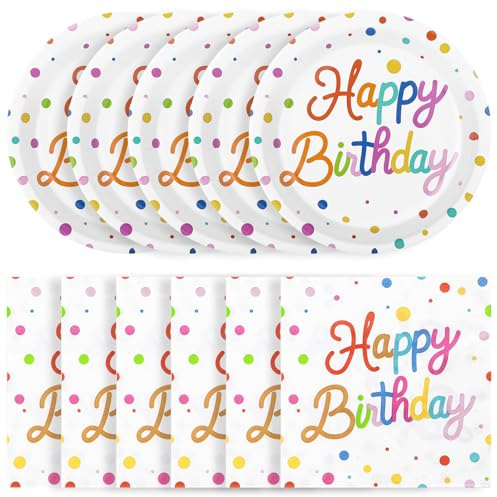 50 Pcs Happy Birthday Paper Plates and Napkins, 7 Inch Birthday Cake Plates | Disposable Colorful Cake Dessert Plates and 6.5 Inch Birthday Napkins for Birthdays Party Decorations, 25 Guests