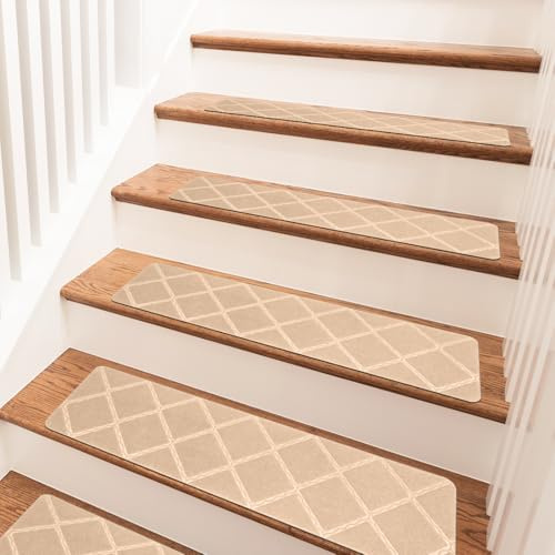 15 Stück Treppenstufen Matten, 55x19cm Stufenmatten Selbstklebend Innen Treppenteppich Stufenmatten Treppen Antirutsch Treppe Zuschneidbar Sicherheit Stufenteppich für Haustiere Kinder Älteste (Beige)