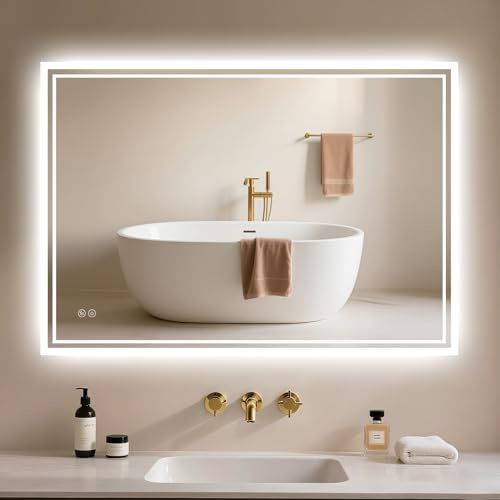 Badspiegel-mit-Beleuchtung 100x70cm - Badezimmerspiegel LED Badezimmer Spiegel mit Beleuchtung Beschlagfrei, Touch-Schalter, Dimmbar, 3 Lichtfarben, Wandspiegel Led-Spiegel-Bad Horizontal/Vertikal
