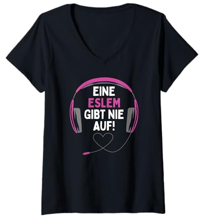 Damen Gaming Kopfhörer Eine Eslem Gibt Nie Auf Personalisiertes T-Shirt mit V-Ausschnitt