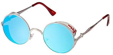 Ultra Rondes Métal Steampunk Lunettes de Argent avec Verres Bleu Glacier Noir Rétro Femmes Hommes UV400 Cyber Cosplay Vintage Punk Gothique Cuivre Unisex