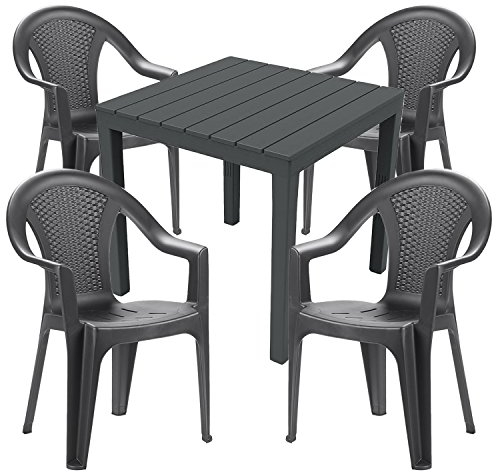 Mojawo Gartengarnitur - 5-teilig - Gartentisch Kunststoff 79x79cm H72cm - + 4 Stapelstühle - Kunststoff Anthrazit - Bistro Set - Esstisch - Stapelstuhl