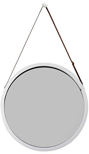 ZRI Bamboo Wandspiegel Rund Flur Spiegel Badspiegel mit Verstellbarer Lederband 45cm (Weiß, 45 cm)