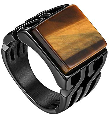 Flongo Herren Ring Männer Ringe, Edelstahl Band Ring Tigerauge Schwarz Ton Hochzeit Verlobung Engagement Bandring Siegelring Daumenring Schmuck Herren-Accessoires Größe 65mm