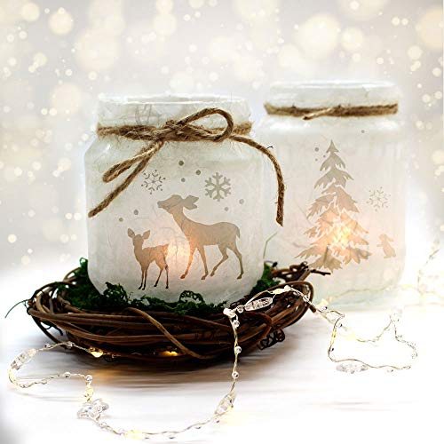 ilka parey wandtattoo-welt Feenlicht Feenwindlicht DIY Weihnachtsdeko Weihnachten Rehe Winterwald Tanne Sterne Schneeflocken Lichtdeko Winter Aufkleber Glas Sticker wl2