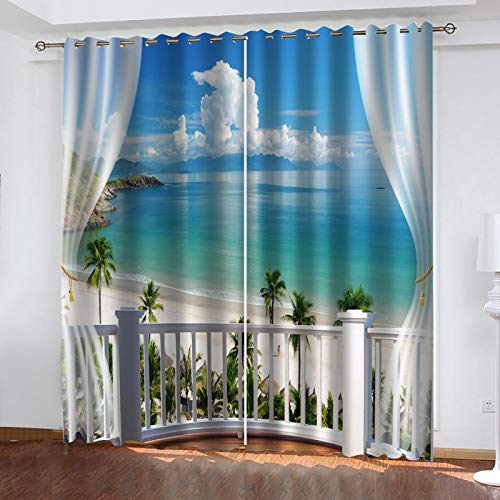 WLHRJ Blickdicht Vorhang gardine Schlafzimmer Wohnzimmer küche kinderzimmer 3D Digitaldruck ösen gardinen - 234x230 cm - Blauer Balkon mit Meerblick