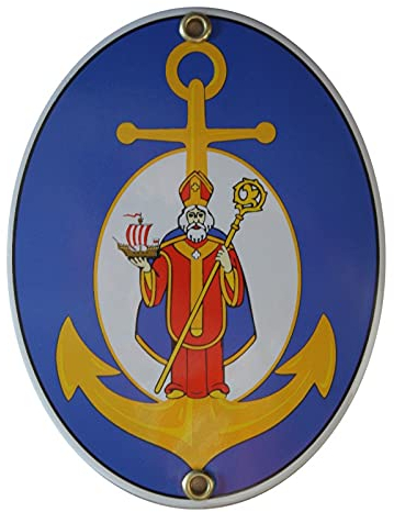 Heiliger Nikolaus Schutzpatron der Seefahrer Emailschild Emaille Schild 11,5 x 15 cm blau Email Oval.